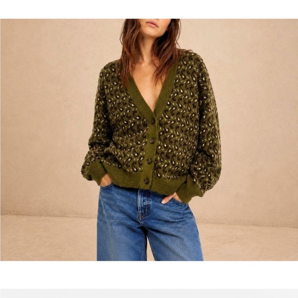 THE GREAT. Paisley Army Green Wool Blend Cardigan